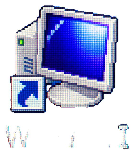 Pixel-art beige computer with a blue screen and a shortcut arrow